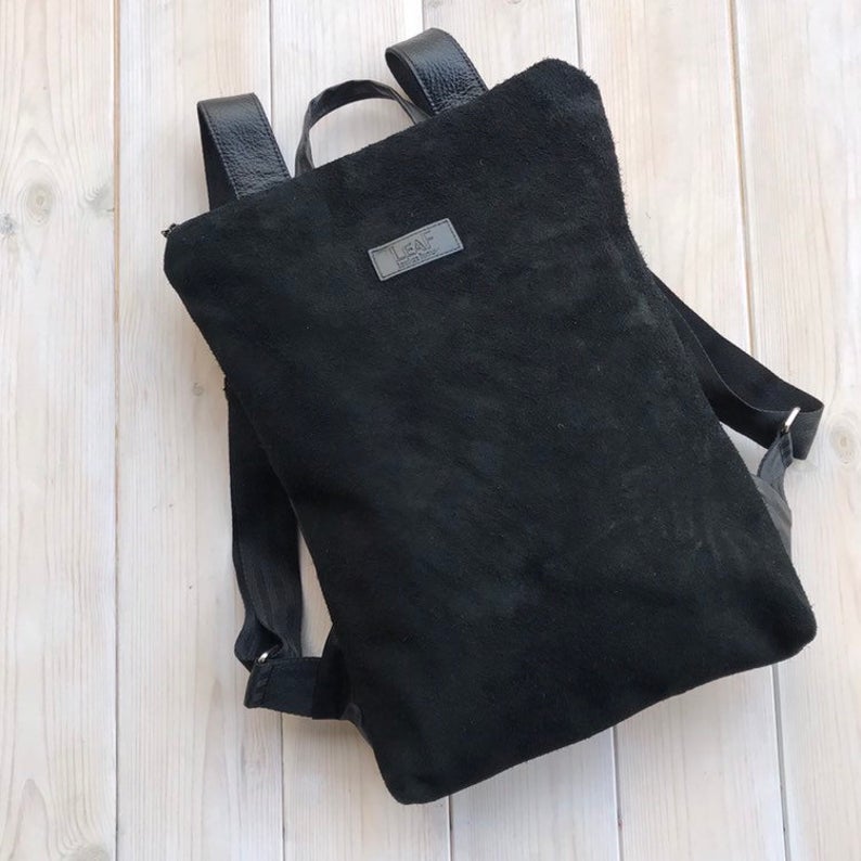 Leather Backpack, Convertible Backpack, Black Suede Backpack,