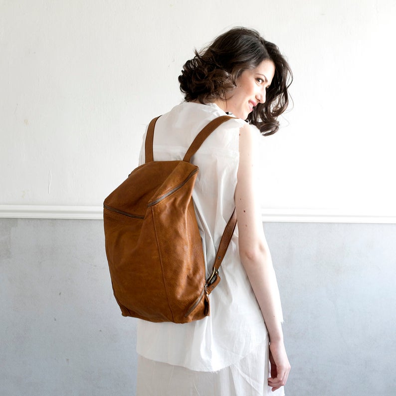 Leather Backpack, Honey Brown Leather Backpack Purse, Handmade Bag, Travel Rucksack, Women Travel Backpack