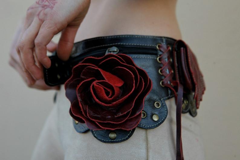 Women’s Leather Utility Hip Belt with Oversized Leather Flowers