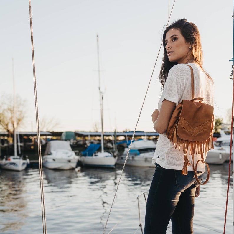 Mini leather boho backpack woman Tan fringe backpack, small leather backpack Distressed leather
