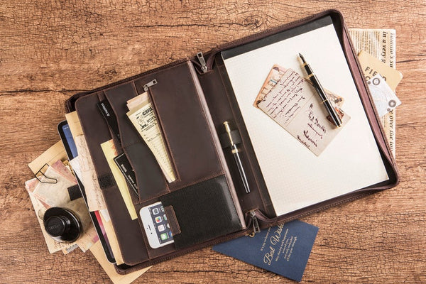 Vintage Leather Portfolio Padfolio Folder Handmade Case Briefcase Business Organizer Letter Size Pad Holder Leather Zipper Folio Women