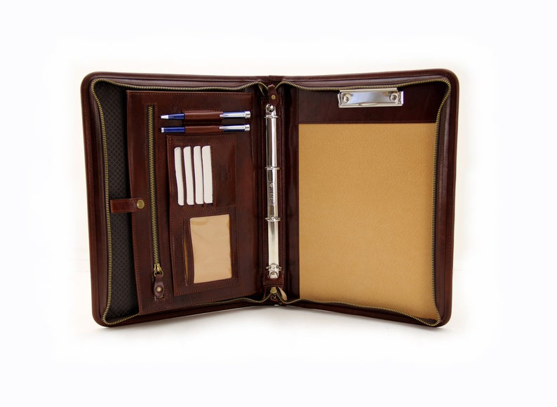 Italian Leather Portfolio, Zippered Business Folder, Conference A4 Folder, Padfolio 4 Ring Binder, Brown Clipboard