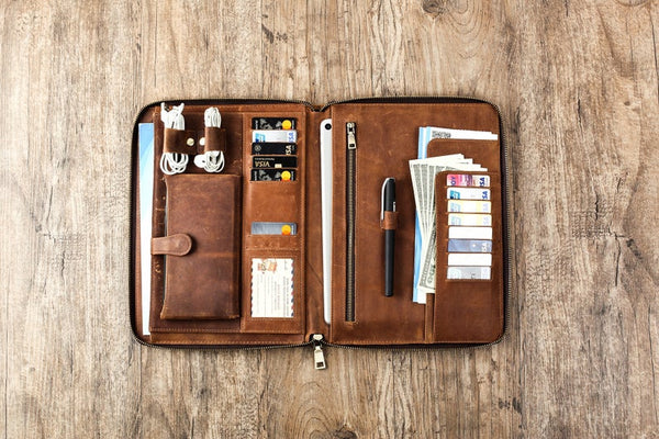 Personalized Leather Padfolio Monogrammed Distressed Leather Portfolio Custom Corporate Gift Leather Portfolio with Zipper Gifts for Him