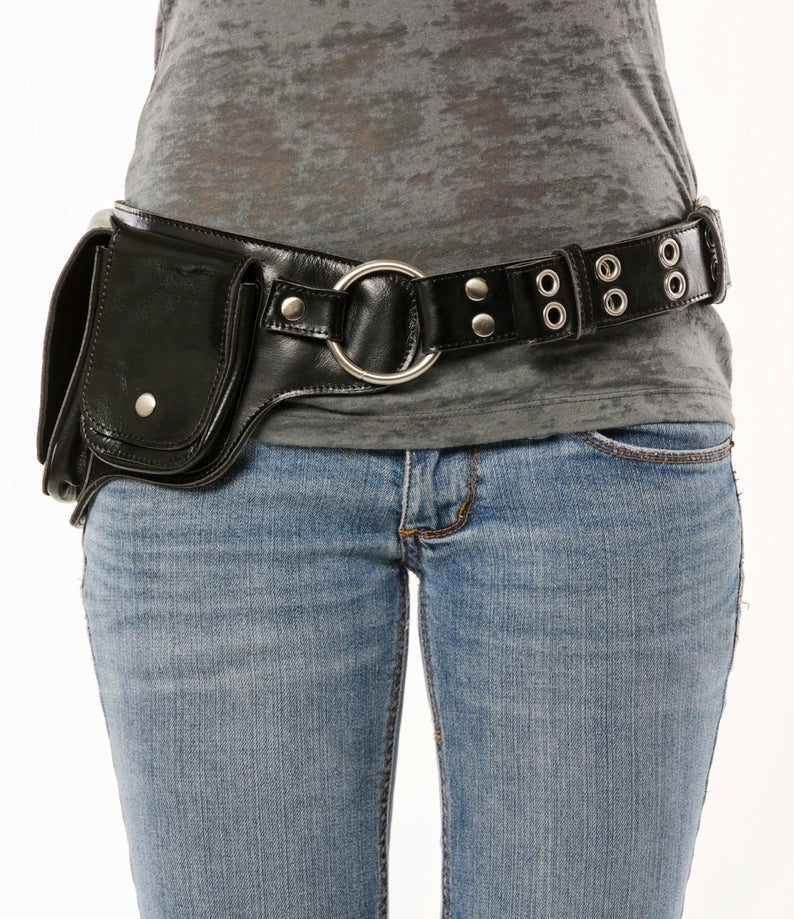 Hip Pack Leather Utility Belt - Black/Chrome (Unique, versatile. Great storage. Large enough to store most ANY phone on the market)