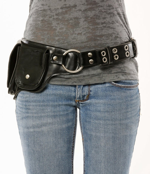 Hip Pack Leather Utility Belt - Black/Chrome (Unique, versatile. Great storage. Large enough to store most ANY phone on the market)