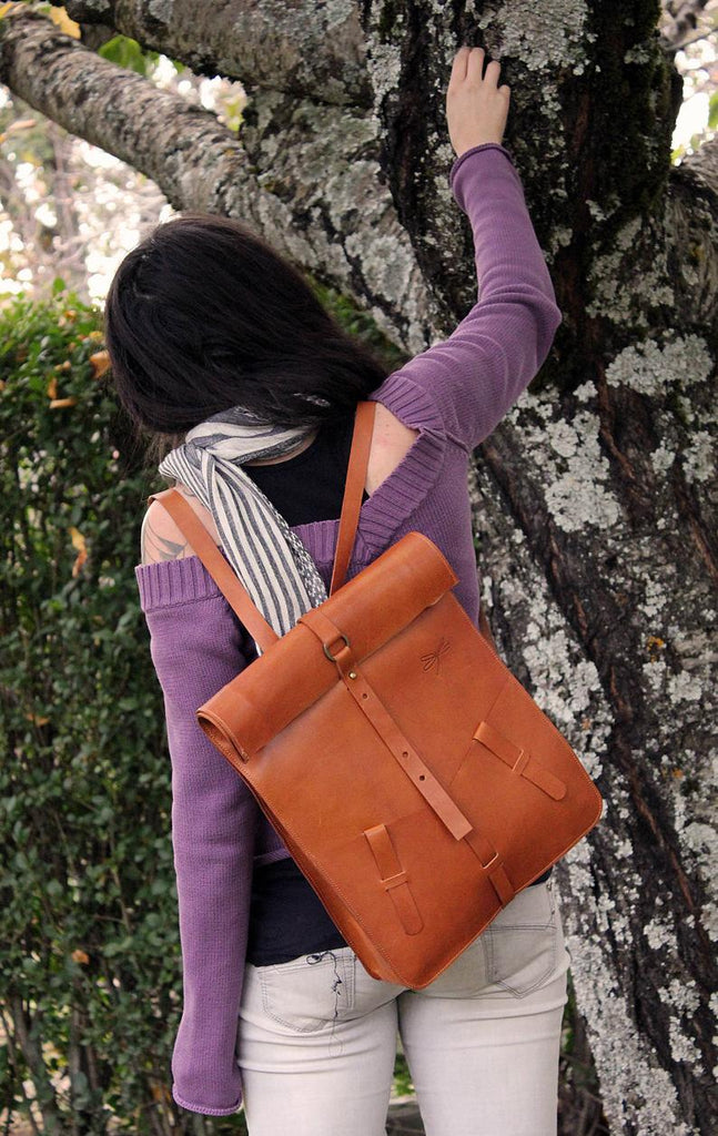Leather backpack handmade in tan color. Computer bag Ludena. Brown Leather backpack.