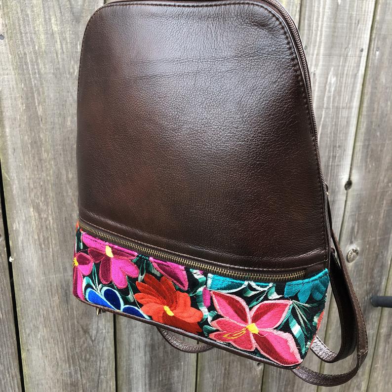 Leather Back pack, Brown Leather Backpack, Embroidered Backpack, Mexican Embroidered Backpack, leather Handmade Backpack
