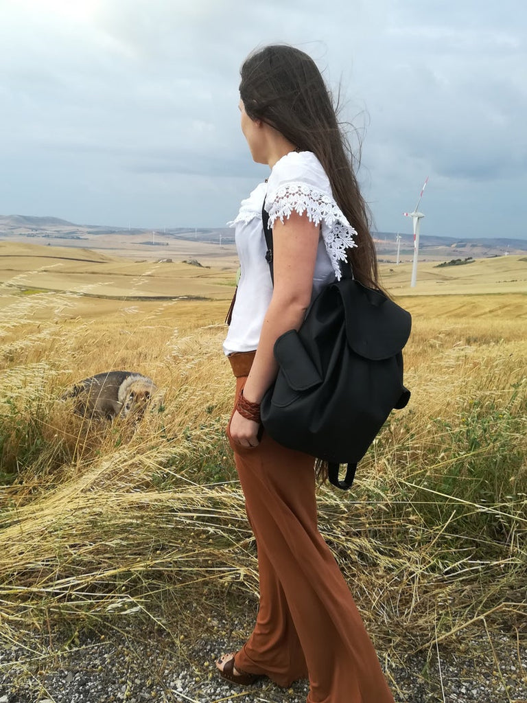 Handmade black leather back pack