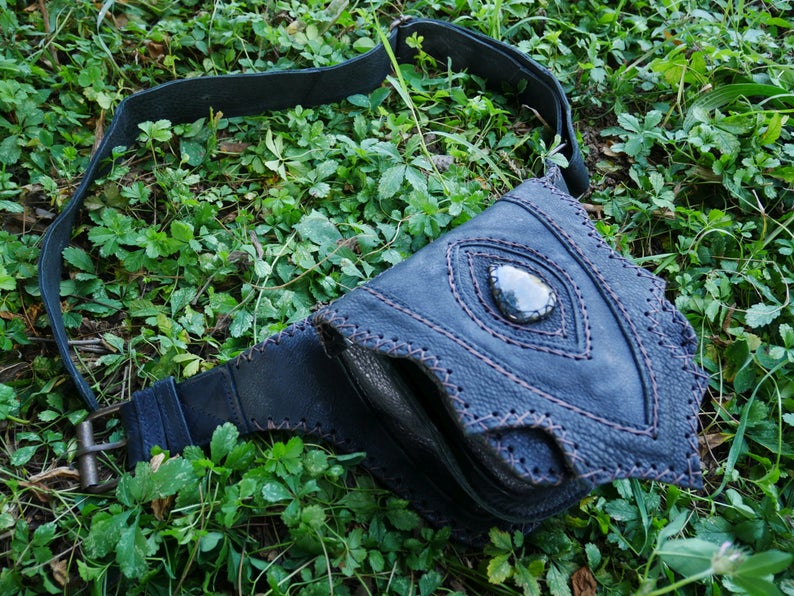 Leather hip bag - festival belt bag | Leather fanny pack with real gemstone - black leather utility belt | travel hip purse