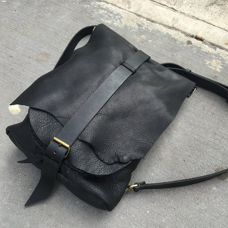 Rugged Backpack, Leather Knapsack, Haversack, Soft Black Bison Leather Backpack, Handmade Leather Bags and Backpacks