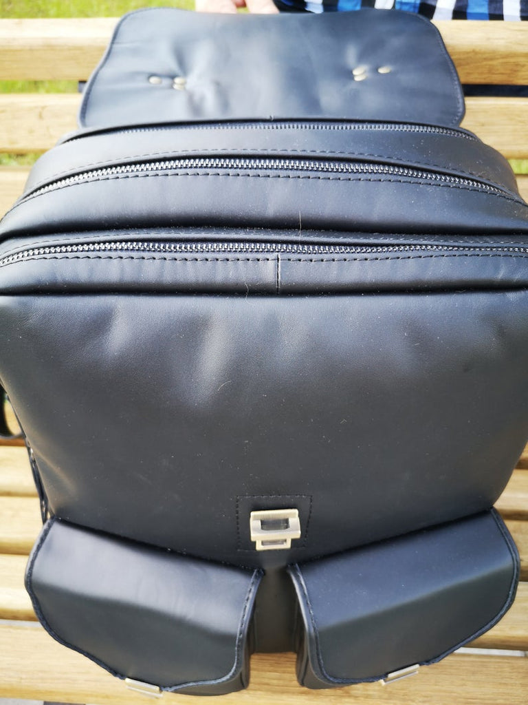 Big black leather backpack, book rucksack for adult student, dark matte color knapsack, unisex laptop pack sack, large everyday satchel