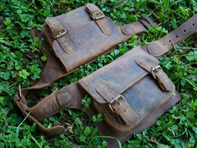 Festival belt bag -leather utility bellt | 2 pocket hip bag boho chic | festival fashion leather fanny pack - waist bag dstressed leather
