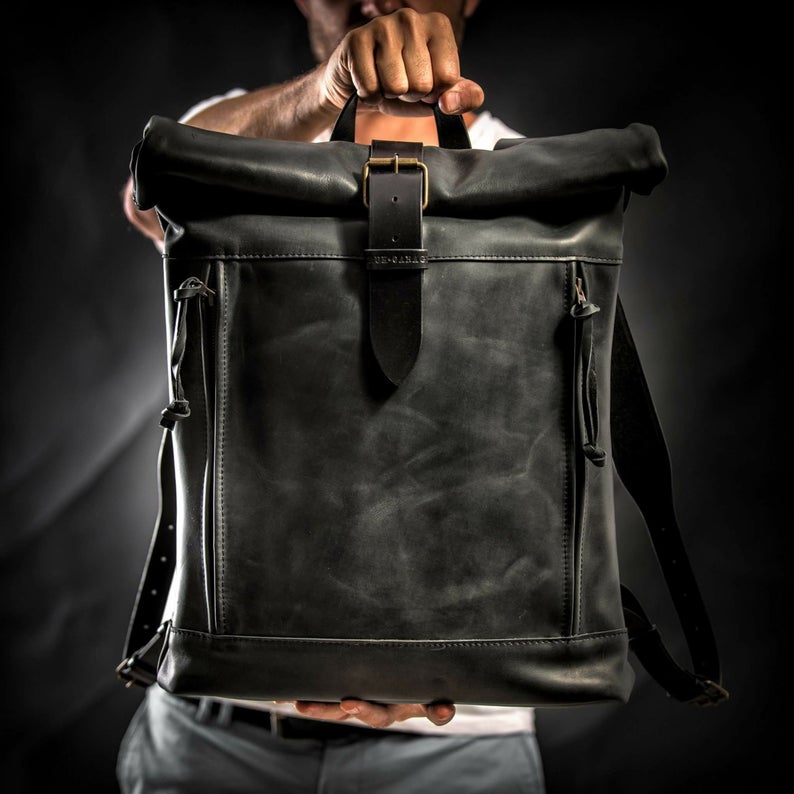 Leather backpack Roll top backpack by Kruk Garage Black leatherr backpack Mens backpack