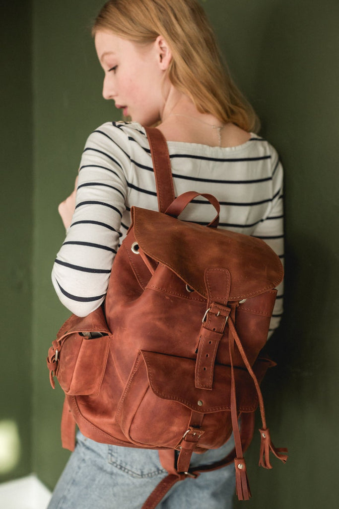 Leather backpack Women leather backpack Cognac backpack Backpack bag Travel backpack Small backpack Leather rucksack with pockets