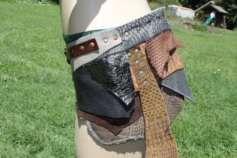 TEXTURES, Upcycled Leather Utility Belt and earrings, Burning Man Belt, Steampunk costume belt, Rave Costume, Mad Max Costume