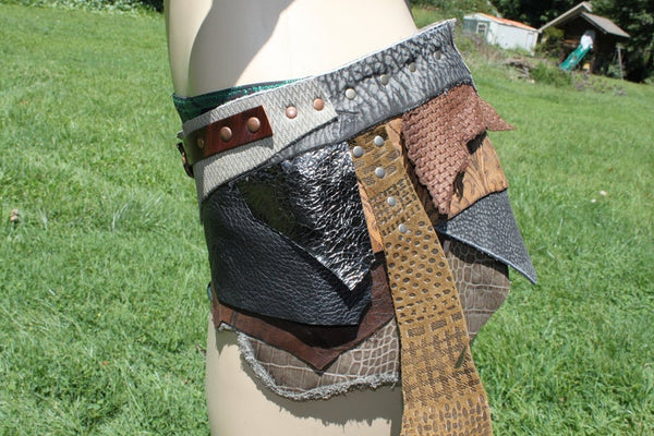 TEXTURES, Upcycled Leather Utility Belt and earrings, Burning Man Belt, Steampunk costume belt, Rave Costume, Mad Max Costume