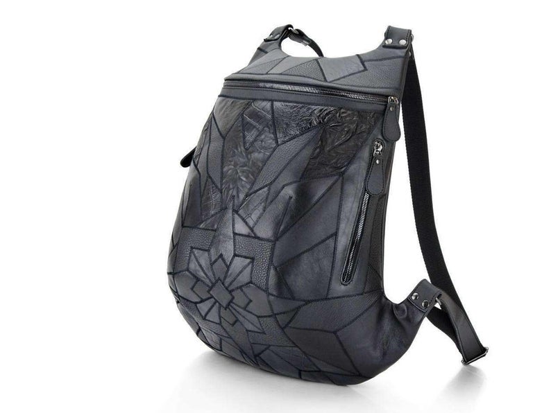 Large Black Leather Backpack Patchwork / Handcrafted Rucksack with Applique / Leather backpack / Black backpack