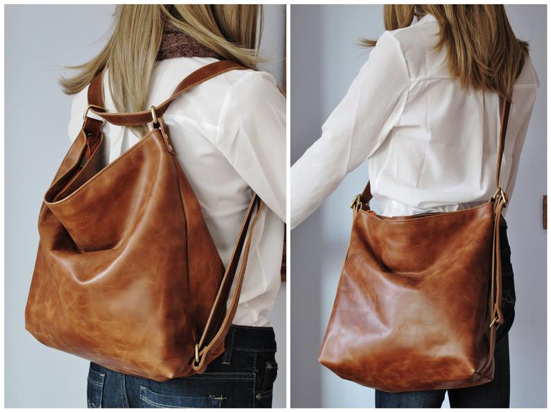 Tan convertible leather backpack, shoulder bag, crossbody purse, diaper bag, hobo bag