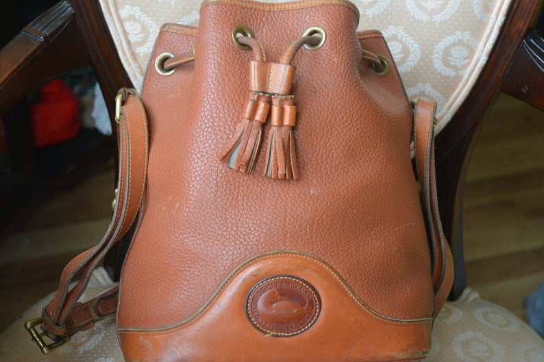 Dooney & Bourke Light Brown Leather Bucket Drawstring Shoulder Bag