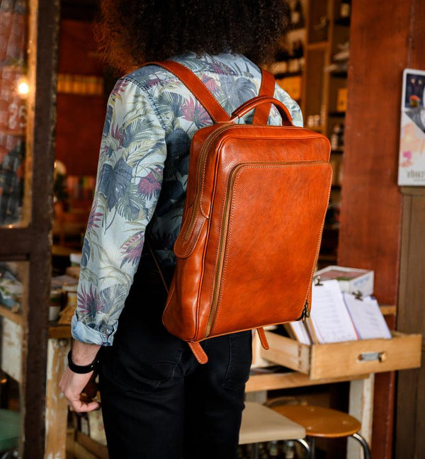 Mens Leather Backpack, Personalized Leather Backpack, Brown 15.6" Backpack for Laptop, Travel Large Leather Backpack - Leather Mens Gift