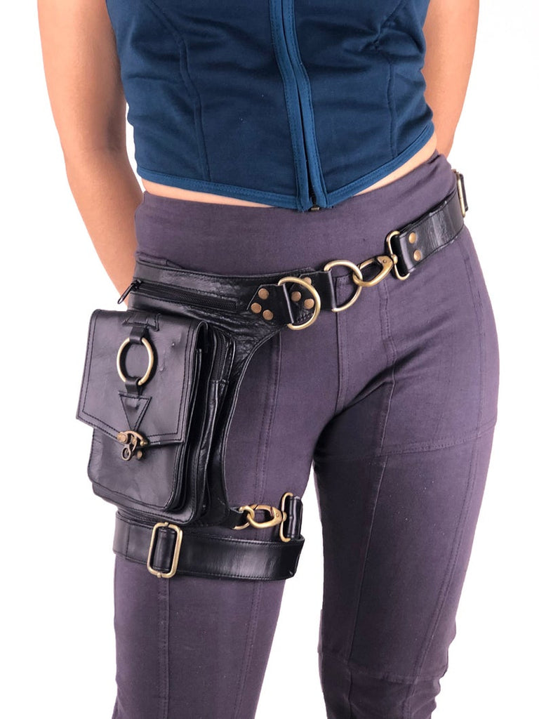 Leather Eclipse Brass Belt ~ Mishu ~ Utility belt , Hip bag , Leg bag , Convertible , Festival belt , Leather pouch