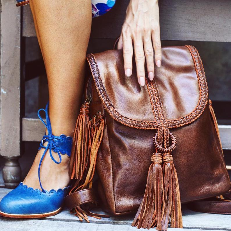 SANDY BAY. Brown leather backpack / brown backpack purse / brown purse / fringe backpack / boho bag. Available in different leather colors.