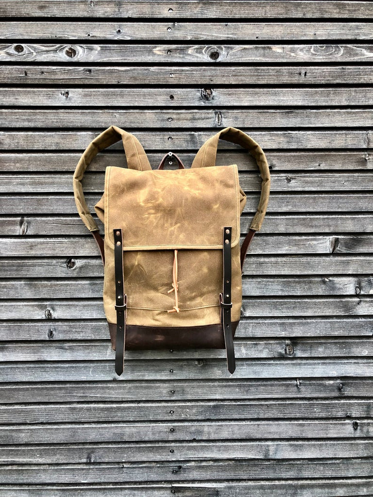 Leather Backpack waxed canvas / rucksack with folded top and waxed canvas flap