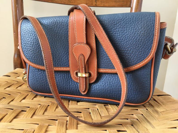 Vintage Dooney and Bourke Handbag, Vintage Equestrian Handbag, Blue and British Tan Leather, All Weather Leather Handbag,