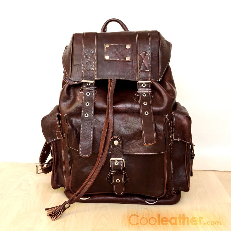 Extra Large Innovative Leather Hiking Backpack, Travel Knapsack