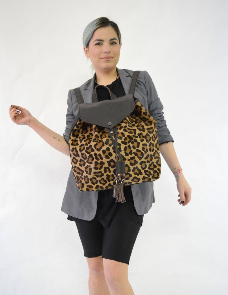 Leather back-pack, stamped cowhide leopard print school bag,leather rucksack for laptop, Practical portfolio shoulder fur bag with tassel