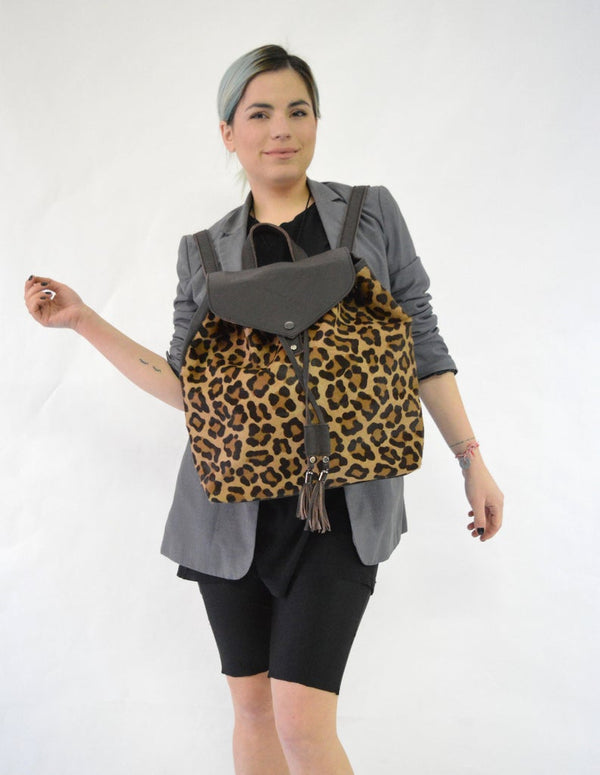 Leather back-pack, stamped cowhide leopard print school bag,leather rucksack for laptop, Practical portfolio shoulder fur bag with tassel