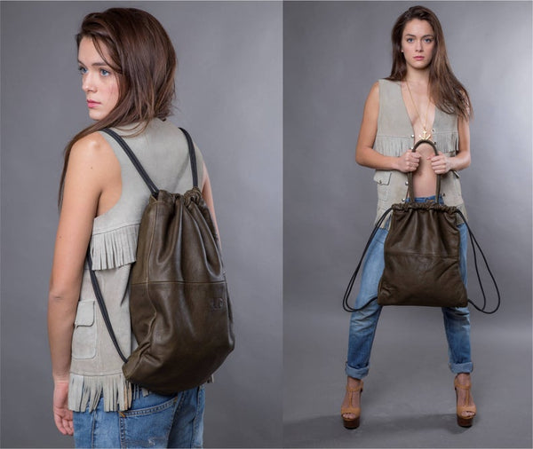 Backpack Olive green leather backpack purse SALE multi leather back bag women leather handbag cinch sack leather tote drawstring back pack