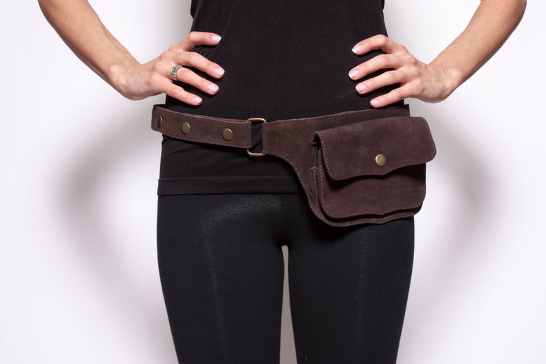 Single Pocket Hip Handmade Suede Waist Pack Bag Party Festival Style Belt Utility Pouch Playa psy trance rave - Brown & Light Brown Color