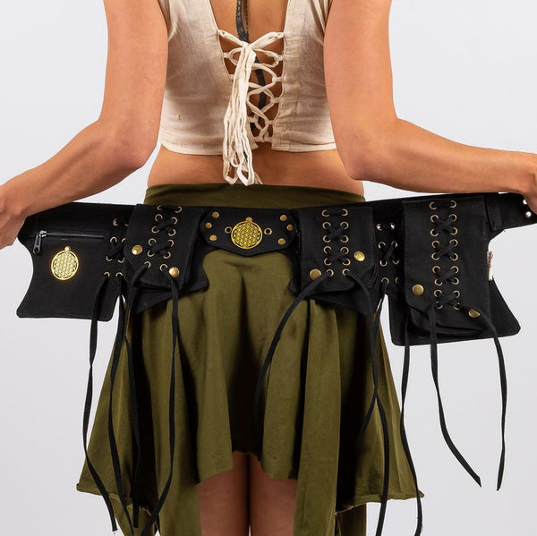 Festival Fanny Pack, Steampunk Pocket Belt, Vegan Leather Utility Belt, Burning Man Hip Bag, Sacred Geometry Flower Life, Psytrance Bag Bel