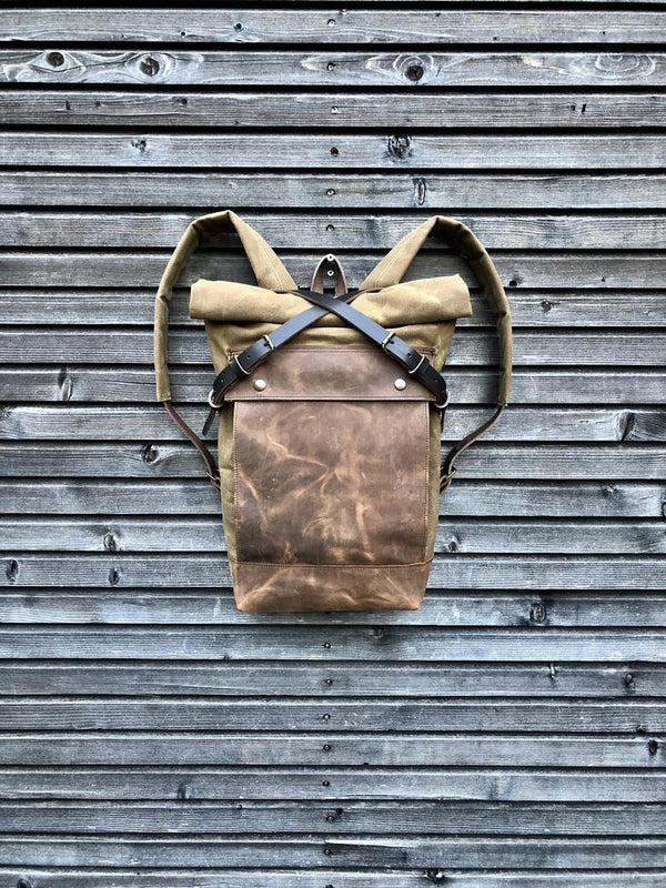 Backpack waxed canvas medium size, with padded laptop compartment and leather front pocket and bottom,LIMITED EDITION