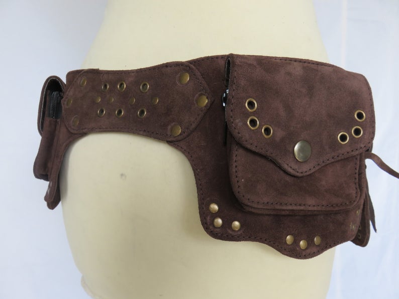 Steampunk Utility belt psytrance style in suede - Brown Flower Model